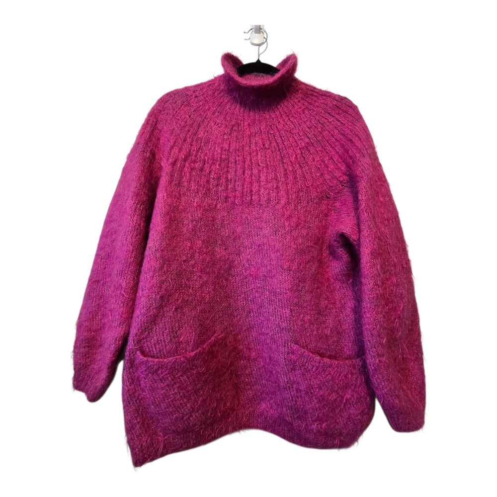 Hand Knitted Mohair Blend Sweater Womens LG XL Pink Fuzzy Heavy Home Made Chunky